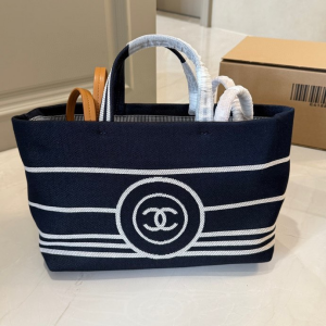 【CHANEL】シャネル ヴィンテージ キャンバス トートバッグ ネイビー×ホワイト ボーダー CCロゴ 30cm 2WAY (公式型番: VINTAGE-CC-TOTE-NAVY-WHITE-30CM)